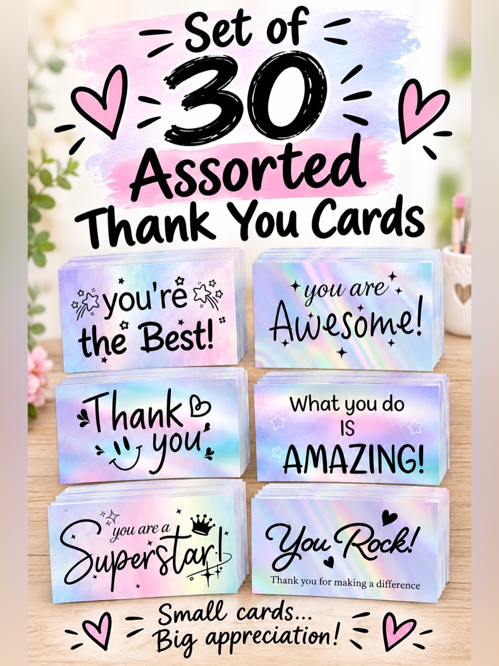 Set of 30 Assorted Holographic Thank You Cards